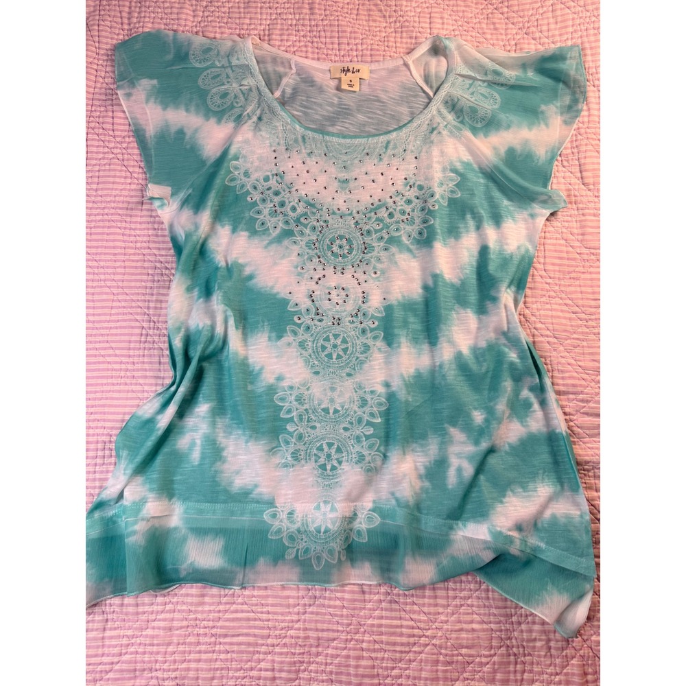 Y2K Style & Co Women Teal Tie Dye Medallion Rhinestone Flutter Sleeve Top S